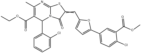 ethyl 2-({5-[4-chloro-3-(methoxycarbonyl)phenyl]-2-furyl}methylene)-5-(2-chlorophenyl)-7-methyl-3-oxo-2,3-dihydro-5H-[1,3]thiazolo[3,2-a]pyrimidine-6-carboxylate Struktur