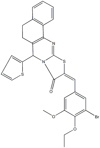 10-(3-bromo-4-ethoxy-5-methoxybenzylidene)-7-(2-thienyl)-5,7-dihydro-6H-benzo[h][1,3]thiazolo[2,3-b]quinazolin-9(10H)-one Struktur