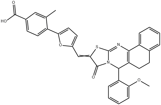 4-{5-[(7-(2-methoxyphenyl)-9-oxo-5,7-dihydro-6H-benzo[h][1,3]thiazolo[2,3-b]quinazolin-10(9H)-ylidene)methyl]-2-furyl}-3-methylbenzoic acid Struktur