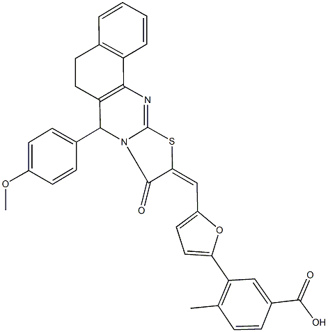 3-{5-[(7-(4-methoxyphenyl)-9-oxo-5,7-dihydro-6H-benzo[h][1,3]thiazolo[2,3-b]quinazolin-10(9H)-ylidene)methyl]-2-furyl}-4-methylbenzoic acid Struktur