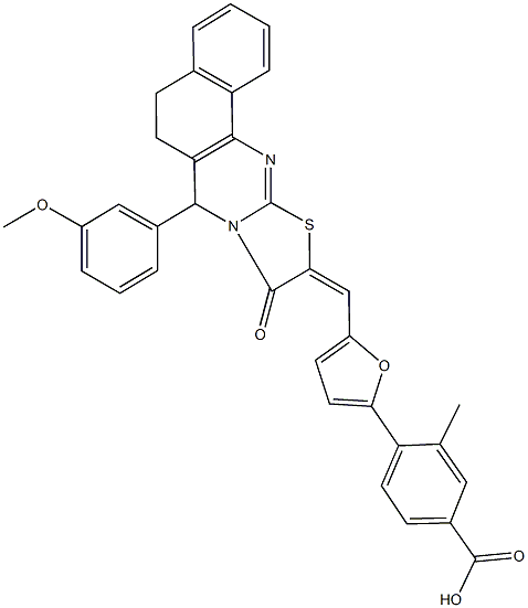 4-{5-[(7-(3-methoxyphenyl)-9-oxo-5,7-dihydro-6H-benzo[h][1,3]thiazolo[2,3-b]quinazolin-10(9H)-ylidene)methyl]-2-furyl}-3-methylbenzoic acid Struktur