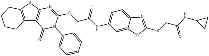 N-(2-{[2-(cyclopropylamino)-2-oxoethyl]sulfanyl}-1,3-benzothiazol-6-yl)-2-[(4-oxo-3-phenyl-3,4,5,6,7,8-hexahydro[1]benzothieno[2,3-d]pyrimidin-2-yl)sulfanyl]acetamide Struktur