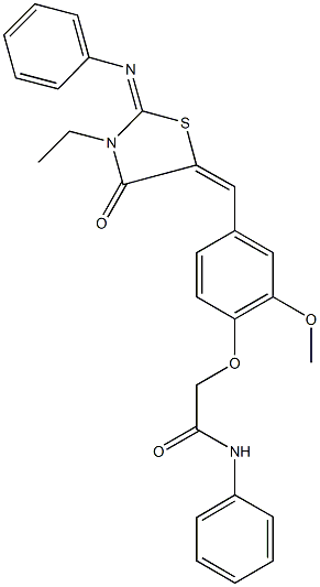 2-(4-{[3-ethyl-4-oxo-2-(phenylimino)-1,3-thiazolidin-5-ylidene]methyl}-2-methoxyphenoxy)-N-phenylacetamide Struktur