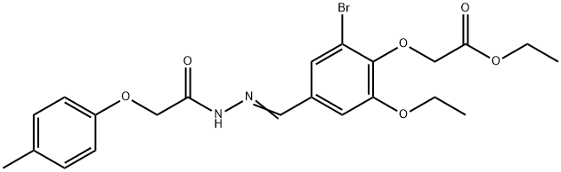 ethyl (2-bromo-6-ethoxy-4-{2-[(4-methylphenoxy)acetyl]carbohydrazonoyl}phenoxy)acetate Struktur