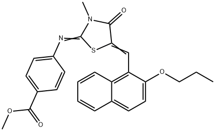 methyl 4-({3-methyl-4-oxo-5-[(2-propoxy-1-naphthyl)methylene]-1,3-thiazolidin-2-ylidene}amino)benzoate Struktur