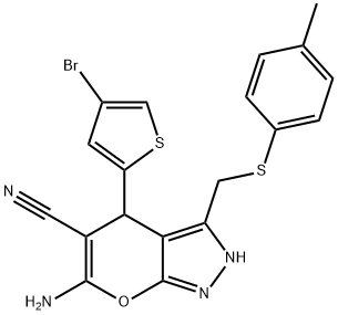 6-amino-4-(4-bromothien-2-yl)-3-{[(4-methylphenyl)sulfanyl]methyl}-2,4-dihydropyrano[2,3-c]pyrazole-5-carbonitrile Struktur