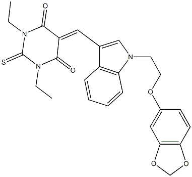 5-({1-[2-(1,3-benzodioxol-5-yloxy)ethyl]-1H-indol-3-yl}methylene)-1,3-diethyl-2-thioxodihydro-4,6(1H,5H)-pyrimidinedione Struktur