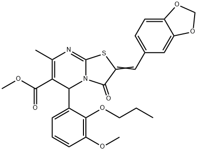 methyl 2-(1,3-benzodioxol-5-ylmethylene)-5-(3-methoxy-2-propoxyphenyl)-7-methyl-3-oxo-2,3-dihydro-5H-[1,3]thiazolo[3,2-a]pyrimidine-6-carboxylate Struktur