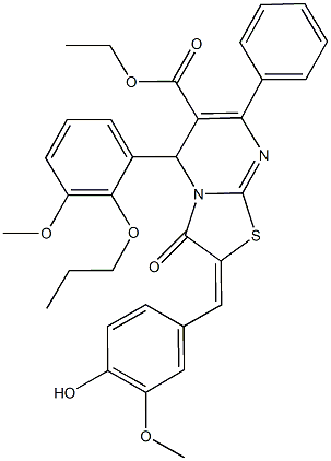 ethyl 2-(4-hydroxy-3-methoxybenzylidene)-5-(3-methoxy-2-propoxyphenyl)-3-oxo-7-phenyl-2,3-dihydro-5H-[1,3]thiazolo[3,2-a]pyrimidine-6-carboxylate Struktur