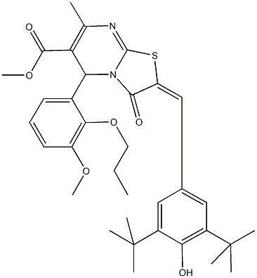 methyl 2-(3,5-ditert-butyl-4-hydroxybenzylidene)-5-(3-methoxy-2-propoxyphenyl)-7-methyl-3-oxo-2,3-dihydro-5H-[1,3]thiazolo[3,2-a]pyrimidine-6-carboxylate Struktur