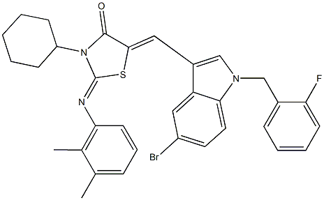 5-{[5-bromo-1-(2-fluorobenzyl)-1H-indol-3-yl]methylene}-3-cyclohexyl-2-[(2,3-dimethylphenyl)imino]-1,3-thiazolidin-4-one Struktur