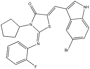 5-[(5-bromo-1H-indol-3-yl)methylene]-3-cyclopentyl-2-[(2-fluorophenyl)imino]-1,3-thiazolidin-4-one Struktur