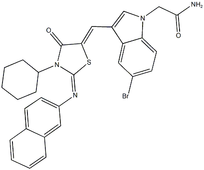 2-(5-bromo-3-{[3-cyclohexyl-2-(2-naphthylimino)-4-oxo-1,3-thiazolidin-5-ylidene]methyl}-1H-indol-1-yl)acetamide Struktur