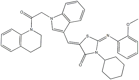 3-cyclohexyl-5-({1-[2-(3,4-dihydro-1(2H)-quinolinyl)-2-oxoethyl]-1H-indol-3-yl}methylene)-2-[(2-methoxyphenyl)imino]-1,3-thiazolidin-4-one Struktur