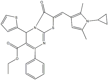 ethyl 2-[(1-cyclopropyl-2,5-dimethyl-1H-pyrrol-3-yl)methylene]-3-oxo-7-phenyl-5-(2-thienyl)-2,3-dihydro-5H-[1,3]thiazolo[3,2-a]pyrimidine-6-carboxylate Struktur