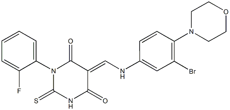 5-{[3-bromo-4-(4-morpholinyl)anilino]methylene}-1-(2-fluorophenyl)-2-thioxodihydro-4,6(1H,5H)-pyrimidinedione Struktur