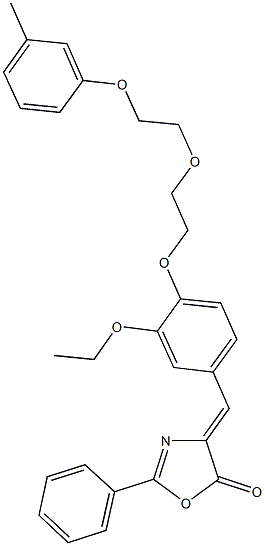 4-(3-ethoxy-4-{2-[2-(3-methylphenoxy)ethoxy]ethoxy}benzylidene)-2-phenyl-1,3-oxazol-5(4H)-one Struktur