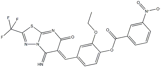 2-ethoxy-4-[(5-imino-7-oxo-2-(trifluoromethyl)-5H-[1,3,4]thiadiazolo[3,2-a]pyrimidin-6(7H)-ylidene)methyl]phenyl 3-nitrobenzoate Struktur