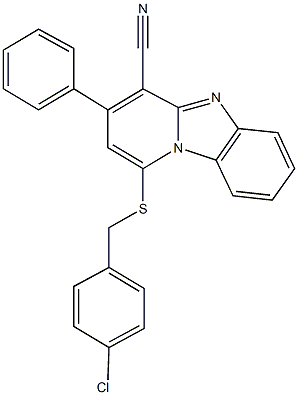 1-[(4-chlorobenzyl)sulfanyl]-3-phenylpyrido[1,2-a]benzimidazole-4-carbonitrile Struktur