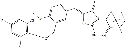 5-{4-methoxy-3-[(2,4,6-trichlorophenoxy)methyl]benzylidene}-2-[2-(1,7,7-trimethylbicyclo[2.2.1]hept-2-ylidene)hydrazino]-1,3-thiazol-4(5H)-one Struktur