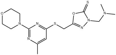 3-[(dimethylamino)methyl]-5-({[6-methyl-2-(4-morpholinyl)-4-pyrimidinyl]sulfanyl}methyl)-1,3,4-oxadiazole-2(3H)-thione Struktur