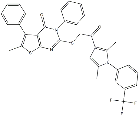 2-[(2-{2,5-dimethyl-1-[3-(trifluoromethyl)phenyl]-1H-pyrrol-3-yl}-2-oxoethyl)sulfanyl]-6-methyl-3,5-diphenylthieno[2,3-d]pyrimidin-4(3H)-one Struktur