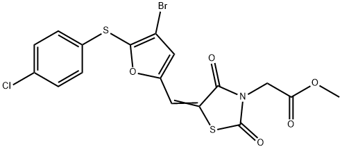 methyl [5-({4-bromo-5-[(4-chlorophenyl)sulfanyl]-2-furyl}methylene)-2,4-dioxo-1,3-thiazolidin-3-yl]acetate Struktur