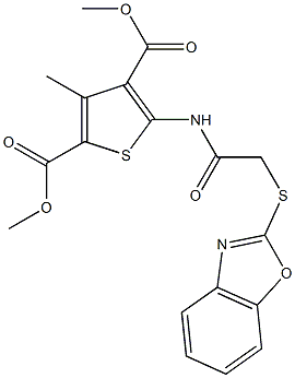 dimethyl 5-{[(1,3-benzoxazol-2-ylsulfanyl)acetyl]amino}-3-methyl-2,4-thiophenedicarboxylate Struktur