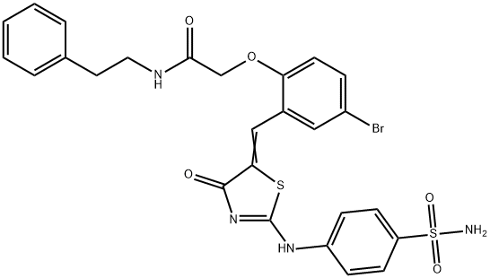 2-{2-[(2-{[4-(aminosulfonyl)phenyl]imino}-4-oxo-1,3-thiazolidin-5-ylidene)methyl]-4-bromophenoxy}-N-(2-phenylethyl)acetamide Struktur