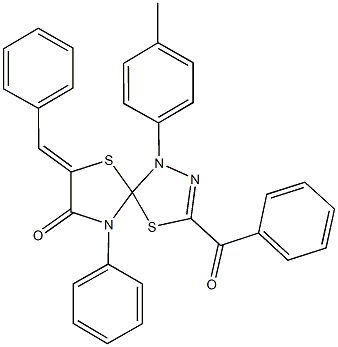 3-benzoyl-7-benzylidene-1-(4-methylphenyl)-9-phenyl-4,6-dithia-1,2,9-triazaspiro[4.4]non-2-en-8-one Struktur