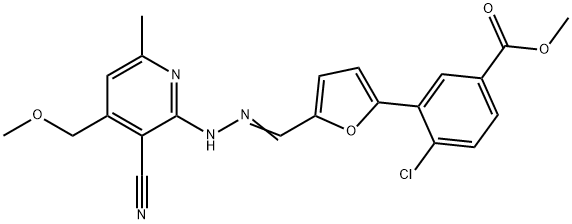 methyl 4-chloro-3-(5-{2-[3-cyano-4-(methoxymethyl)-6-methyl-2-pyridinyl]carbohydrazonoyl}-2-furyl)benzoate Struktur