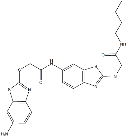 2-[(6-amino-1,3-benzothiazol-2-yl)sulfanyl]-N-(2-{[2-(butylamino)-2-oxoethyl]sulfanyl}-1,3-benzothiazol-6-yl)acetamide Struktur