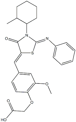 (2-methoxy-4-{[3-(2-methylcyclohexyl)-4-oxo-2-(phenylimino)-1,3-thiazolidin-5-ylidene]methyl}phenoxy)acetic acid Struktur