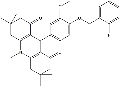 9-{4-[(2-fluorobenzyl)oxy]-3-methoxyphenyl}-3,3,6,6,10-pentamethyl-3,4,6,7,9,10-hexahydro-1,8(2H,5H)-acridinedione Struktur