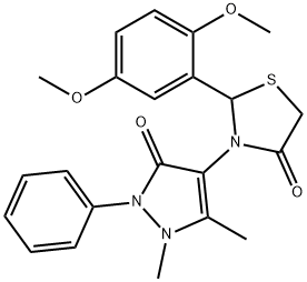 2-(2,5-dimethoxyphenyl)-3-(1,5-dimethyl-3-oxo-2-phenyl-2,3-dihydro-1H-pyrazol-4-yl)-1,3-thiazolidin-4-one Struktur