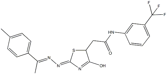 2-(4-hydroxy-2-{[1-(4-methylphenyl)ethylidene]hydrazono}-2,5-dihydro-1,3-thiazol-5-yl)-N-[3-(trifluoromethyl)phenyl]acetamide Struktur