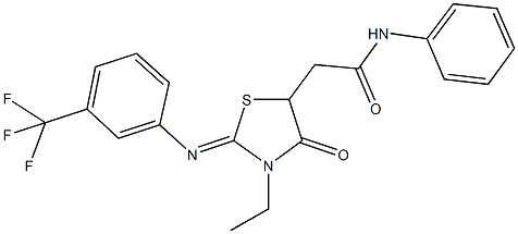 2-(3-ethyl-4-oxo-2-{[3-(trifluoromethyl)phenyl]imino}-1,3-thiazolidin-5-yl)-N-phenylacetamide Struktur