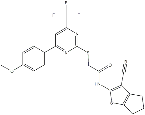 N-(3-cyano-5,6-dihydro-4H-cyclopenta[b]thien-2-yl)-2-{[4-(4-methoxyphenyl)-6-(trifluoromethyl)-2-pyrimidinyl]sulfanyl}acetamide Struktur