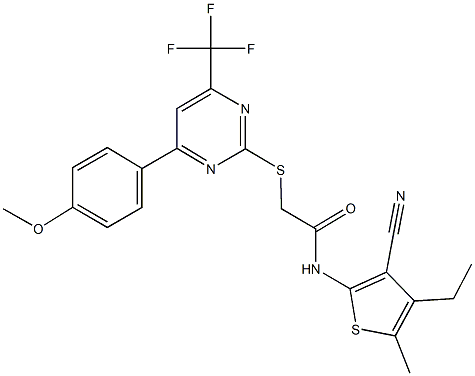 N-(3-cyano-4-ethyl-5-methyl-2-thienyl)-2-{[4-(4-methoxyphenyl)-6-(trifluoromethyl)-2-pyrimidinyl]sulfanyl}acetamide Struktur