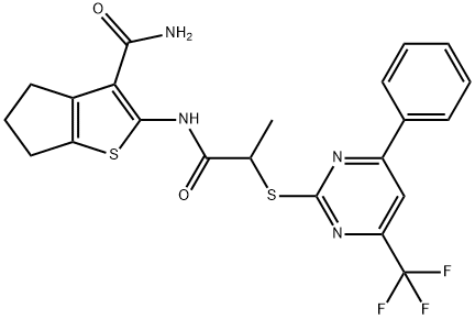 2-[(2-{[4-phenyl-6-(trifluoromethyl)-2-pyrimidinyl]sulfanyl}propanoyl)amino]-5,6-dihydro-4H-cyclopenta[b]thiophene-3-carboxamide Struktur