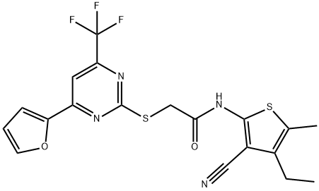 N-(3-cyano-4-ethyl-5-methyl-2-thienyl)-2-{[4-(2-furyl)-6-(trifluoromethyl)-2-pyrimidinyl]sulfanyl}acetamide Struktur