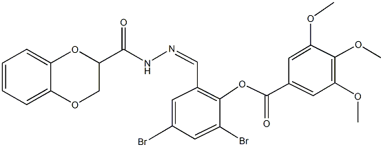 2,4-dibromo-6-[2-(2,3-dihydro-1,4-benzodioxin-2-ylcarbonyl)carbohydrazonoyl]phenyl 3,4,5-trimethoxybenzoate Struktur