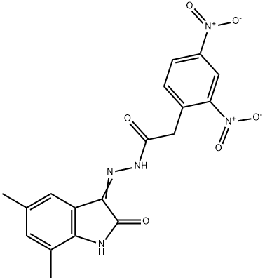 2-{2,4-bisnitrophenyl}-N'-(5,7-dimethyl-2-oxo-1,2-dihydro-3H-indol-3-ylidene)acetohydrazide Struktur