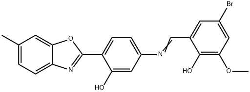 4-bromo-2-({[3-hydroxy-4-(6-methyl-1,3-benzoxazol-2-yl)phenyl]imino}methyl)-6-methoxyphenol Struktur