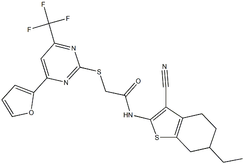 N-(3-cyano-6-ethyl-4,5,6,7-tetrahydro-1-benzothien-2-yl)-2-{[4-(2-furyl)-6-(trifluoromethyl)-2-pyrimidinyl]sulfanyl}acetamide Struktur