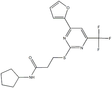 N-cyclopentyl-3-{[4-(2-furyl)-6-(trifluoromethyl)-2-pyrimidinyl]sulfanyl}propanamide Struktur