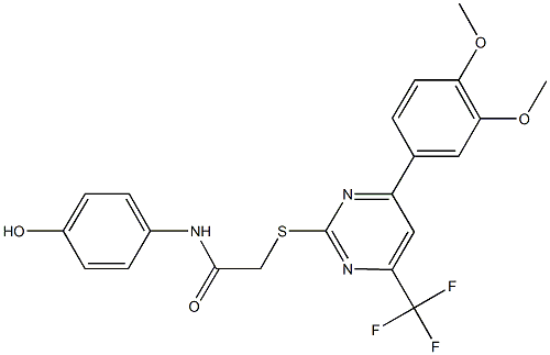 2-{[4-(3,4-dimethoxyphenyl)-6-(trifluoromethyl)-2-pyrimidinyl]sulfanyl}-N-(4-hydroxyphenyl)acetamide Struktur