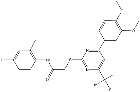 2-{[4-(3,4-dimethoxyphenyl)-6-(trifluoromethyl)-2-pyrimidinyl]sulfanyl}-N-(4-fluoro-2-methylphenyl)acetamide Struktur