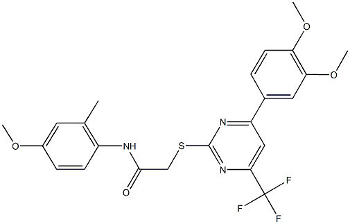 2-{[4-(3,4-dimethoxyphenyl)-6-(trifluoromethyl)-2-pyrimidinyl]sulfanyl}-N-(4-methoxy-2-methylphenyl)acetamide Struktur