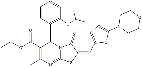 ethyl 5-(2-isopropoxyphenyl)-7-methyl-2-{[5-(4-morpholinyl)-2-furyl]methylene}-3-oxo-2,3-dihydro-5H-[1,3]thiazolo[3,2-a]pyrimidine-6-carboxylate Struktur